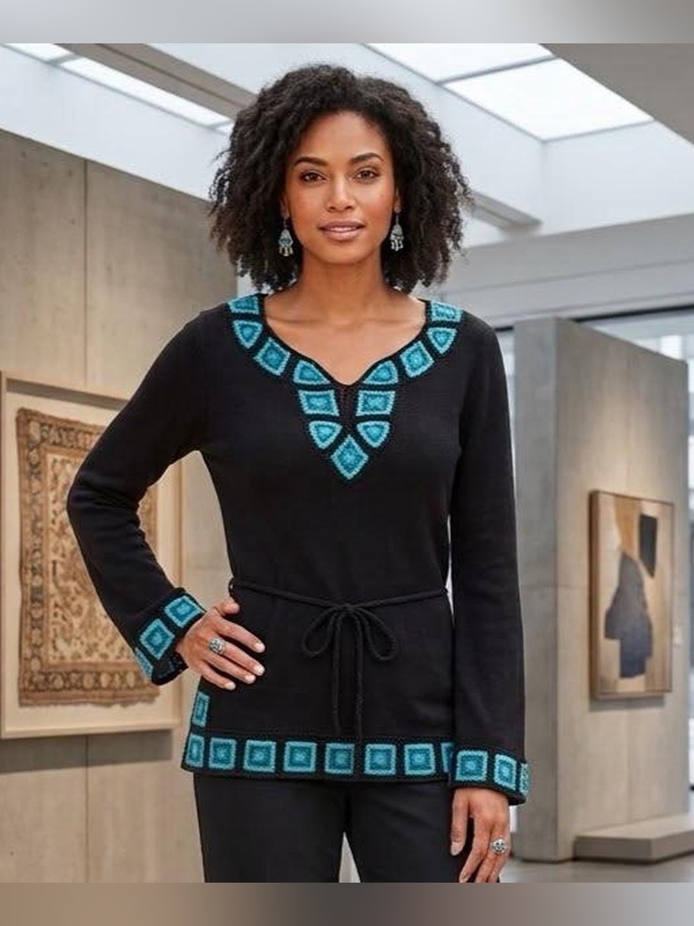 INC International Concepts Black V-Neck Sweater with Teal Trim